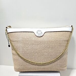Nanette Lepore Woven Straw Shoulder Bag With Gold Chain & White Trim